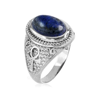 Sterling Silver Egyptian Ankh Cross Lapis Lazuli Gemstone Ring - Picture 1 of 2