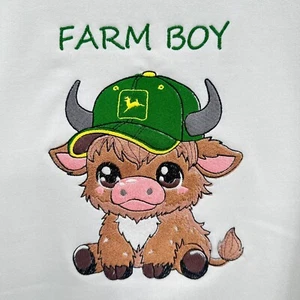 Highland Cow Sweatshirt John Deere Tractor Farm Boy Embroidered YOUTH Kids Crew - Picture 1 of 11