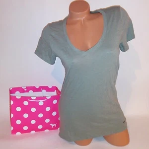Victoria Secret PINK T Shirt Green Short Sleeve V Neck New - Picture 1 of 5