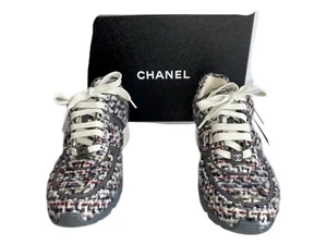 Chanel Sneaker Tweed Velour Textil Gr 39 Tweed Leder grau schwarz weiß - Bild 1 von 7