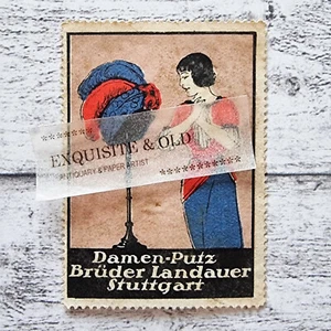 Damen Putz Hut Feder Brüder Landauer Stuttgart Kleidung Werbung Reklamemarke alt - Picture 1 of 2