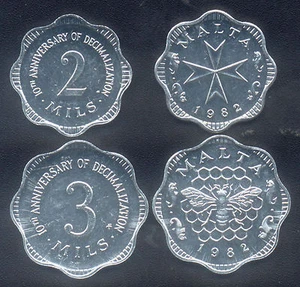 1982 MALTA 2 & 3 MILS SHINY PROOF SET KM #'s 54 & 55 ( TOTAL MINTAGE 1793 SETS ) - Picture 1 of 1