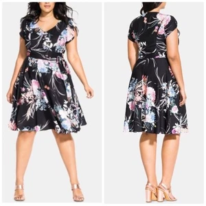 Vestido City Chic Para Mujer Floral Florecido Cuello en V Ajuste y Acampanado Mangas Gorra Talla 16 - Imagen 1 de 6