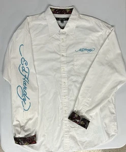 ED HARDY Men’s Size XXL Embroidered Skull Cuff Graphic Button Up Shirt 2000s - Picture 1 of 11