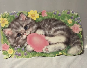 Eureka Vintage gestanztes Kätzchen mit Osterei Wandbehang süße Katze blaue Augen USA - Bild 1 von 2