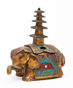Chinese Bronze and Cloisonné Enamel Elephant Pagoda Form Incense Burner - Picture 1 of 12