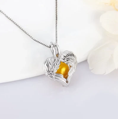Genuine 925 Sterling Silver Exquisite Angel Wings Pearl Cage Pendant Necklace - Image 1 of 4