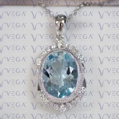 8.50Ct Oval Natural Aquamarine & Diamond Solid 14K White Gold Pendant No Chain - Image 1 of 4