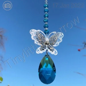 New 3D Butterfly Sun Catcher Mobile Turquoise Blue Glass Crystal Drop and Beads - Picture 1 of 12