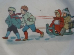 Small Vintage Unmarked Victorian Era Children Sledding Child's Plate. Adorable!  - Picture 1 of 7
