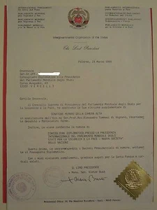 - attestato nomina consigliere diplomatico presso presidenza int parlamento Mond - Picture 1 of 1
