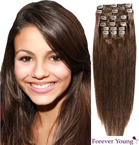 Medium Brown Clip In Human Hair Extension Full Head #4 Double Wefted - Picture 1 of 1