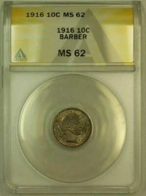 Moeda de dez centavos de prata barbeiro 1916 10c ANACS MS-62 (forte para grau) - Imagem 1 de 2