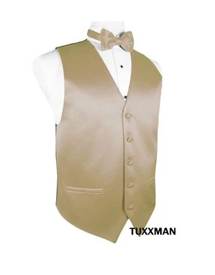 New Gold satin Tuxedo vest matching Banded Tux bow tie. adjustable waist  - Image 1 of 2