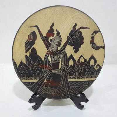 Hand Line Carved & Painted ⌀12“Wood Plate wall tabletop decor:The Ancient Wisdom - Image 1 of 4