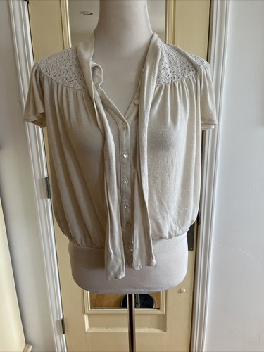 OFF WHITE Ella Moss Flutter Manica Off Bianco Uncinetto Top Donna Medium