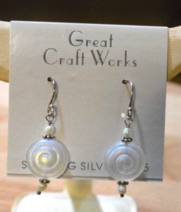 Sterling Silver Earring Dangle Round Circle Swirl Bead Opaque White - Picture 1 of 4