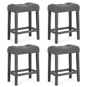 24" Saddle Bar Stools Set of 4 w/ Footrest Rubber Wood Frame for Kitchen Island - Picture 1 of 8