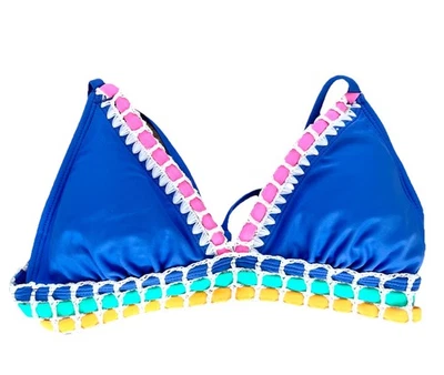 Top de bikini Xhilaration para mujer S ribete de ganchillo triángulo azul cuerda lindo colorido Foto 1 de 4