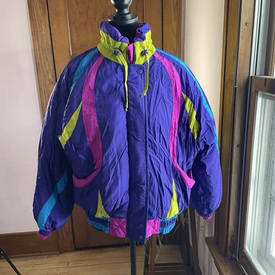 VTG 90s East West Neon ski jacket colorblock rave festival snowboard puffer Sz S - Image 1 of 4