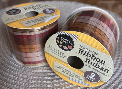 Autumn Plaid Colored Ribbon 2.5” x 108” ea. Crafter’s Square Gold Wire Edge  - Image 1 of 4