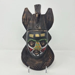 Vintage African Bakuta Beaded Wood Mask Ghanaian Metal Inlay 10” Handmade - Picture 1 of 9