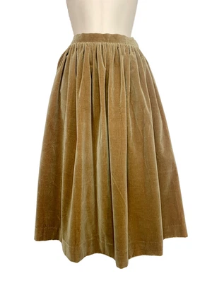 Vintage 1960s velveteen midi skirt fit flare brown olive tan green cotton pocket - Image 1 of 4