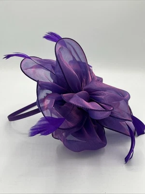 Fascinator Hat for Women, Mesh Purple Flower Feather Headband Clip Bow Derby Hat - Image 1 of 4