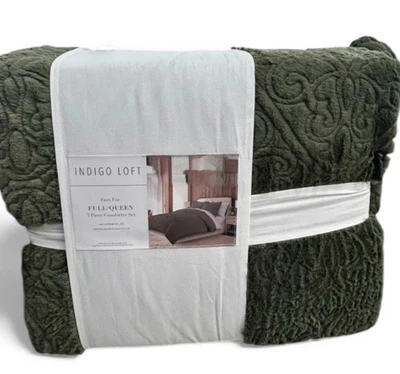 Juego de edredón Indigo Loft imitación piel verde reina 90”x90” 3 piezas Foto 1 de 2