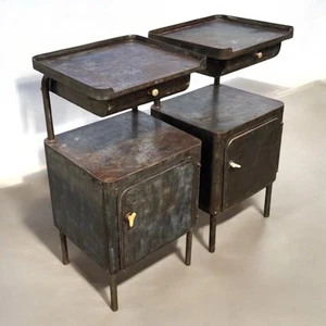 Pair Of Vintage Industrial Iron Nightstands 1940s Hospital Bedsides - Picture 1 of 10