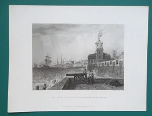 ENGLAND Portsmouth Harbor Ships Saluting Platform - 1840 Print by E.W. Cooke - Picture 1 of 2