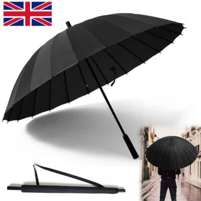 24 Ribs Umbrella Classic Large Umbrellas Strong Black Windproof Stormproof UK - Image 1 of 4