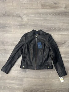 Cole Haan Black Lambskin Leather Moto Racer Zip Jacket Band Collar Med. NWT$498 - Picture 1 of 10