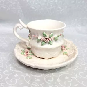 Juego de tazas y platillos rosa estilo arte Capodimonte Holland Floral Inc 1994 de colección - Imagen 1 de 17