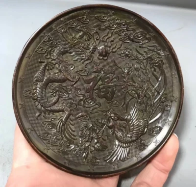 Chinese bronze dragon phoenix statue collectable tea pet plate home decor - Image 1 of 4