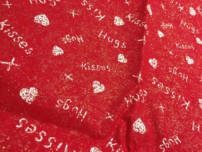 Vtg '90s Hugs & Kisses Red with Gold Glitter Fabric 48" L x 22" W Hearts New - Image 1 of 4