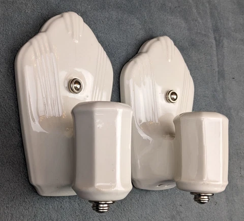 Pair PORCELIER Art Deco White Porcelain Sconces,  Rewired, Excellent, Vintage! Cover