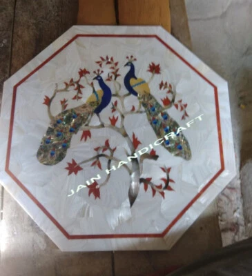 18'' antique white Marble coffee wall panel Table Top Inlay pietra dura peacock - Image 1 of 3