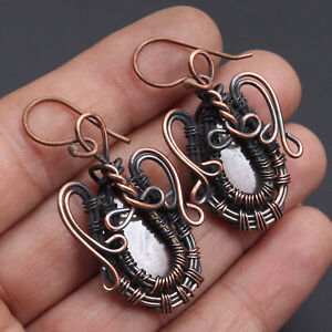 Septarian Gemstone Copper Wire Wrapped Earrings 2" Jewelry G535