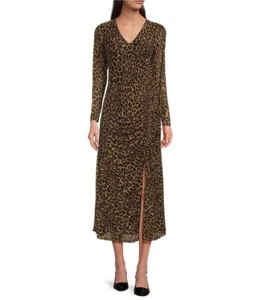 Taylor Leopard Mesh V-Neck Long Sheer Sleeve Gathered Side Midi Dress Women Sz 8 - Picture 1 of 13
