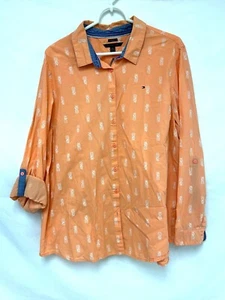Tommy Hilfiger Womens Shirt 2XL Orange Relaxed Fit Pineapple Roll Tab Button Up - Picture 1 of 15