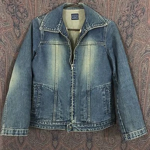 Jormangs J'2nd Women's Jean Jacket Blue Denim Distressed Front Zip No Size Tag - Picture 1 of 9