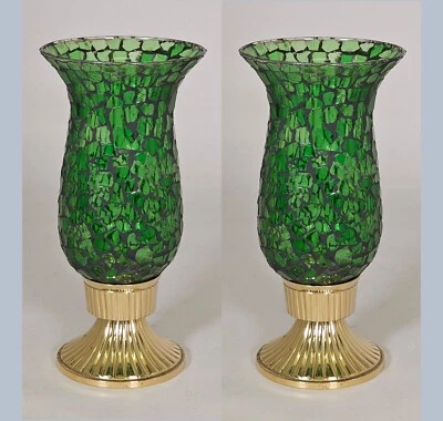 Candle Holder Brass with Green Mosaic Glass Shade 5"Dia 10"High Set of 2 - Image 1 of 4