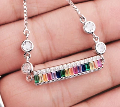 Arcobaleno Zircone Cubico Regolabile Bracciale 925 Argento Sterling Fatto a Mano - Immagine 1 di 4