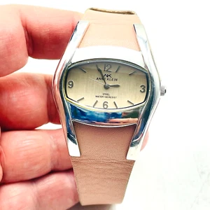 ANNE KLEIN Oval Wristwatch Pink Leather Band Silver Tone Water Resistant READ - Picture 1 of 9