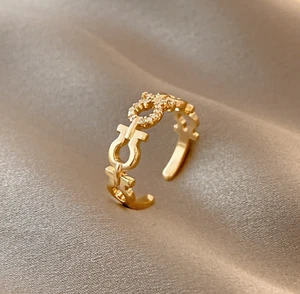 Fashion Trendy Gold Flower R-Chain Pave Cubic Zirconia Adjustable Band Ring - Picture 1 of 2
