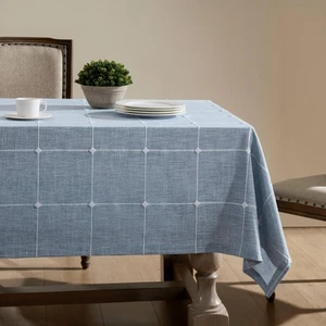 Grid Embroidered Hemmed Tablecloths, Blue 60x120 Inch, Farmhouse Style Heavy ... - Picture 1 of 7