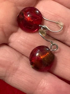 Red Glass with Amber Colored Glitter Inside Dangle Earrings - Picture 1 of 2