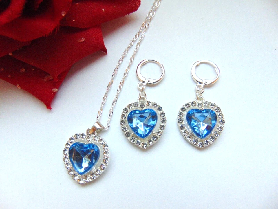 925 Silber Schmuck Set Herz Titanic Hellblau Zirkon  Kette Anhänger Creolen - Bild 1 von 4