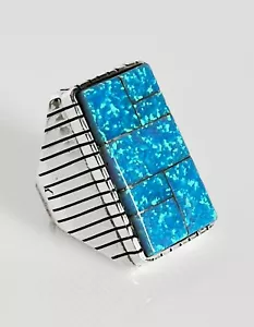 Huge 27.8 Grams Navajo Ray Jack Sterling Silver Inlaid Lab Opal Ring Size 9 1/4. - Picture 1 of 11